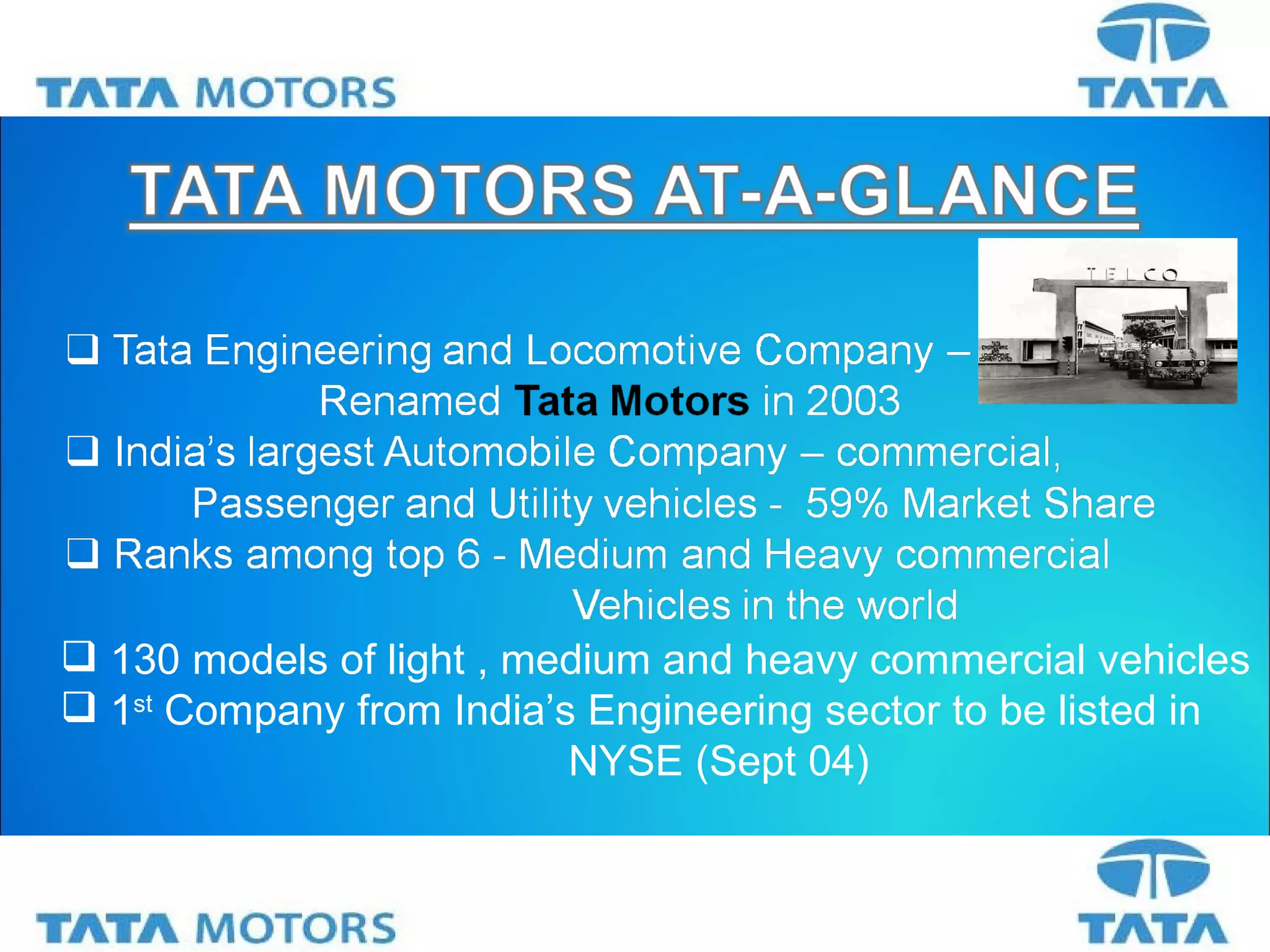 130 models of light , medium and heavy commercial vehicles 1 st  Company from India’s Engineering sector to be listed in NYSE (Sept 04) 
