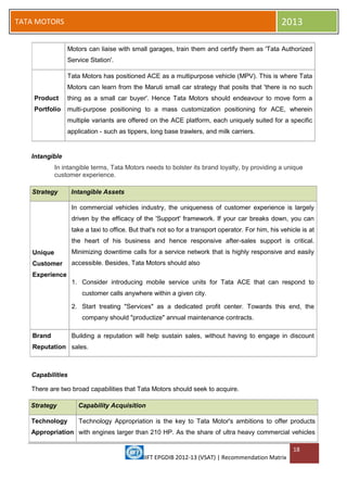 IIFT EPGDIB 2012-13 (VSAT) | Recommendation Matrix
18
TATA MOTORS 2013
Motors can liaise with small garages, train them and certify them as 'Tata Authorized
Service Station'.
Product
Portfolio
Tata Motors has positioned ACE as a multipurpose vehicle (MPV). This is where Tata
Motors can learn from the Maruti small car strategy that posits that 'there is no such
thing as a small car buyer'. Hence Tata Motors should endeavour to move form a
multi-purpose positioning to a mass customization positioning for ACE, wherein
multiple variants are offered on the ACE platform, each uniquely suited for a specific
application - such as tippers, long base trawlers, and milk carriers.
Intangible
In intangible terms, Tata Motors needs to bolster its brand loyalty, by providing a unique
customer experience.
Strategy Intangible Assets
Unique
Customer
Experience
In commercial vehicles industry, the uniqueness of customer experience is largely
driven by the efficacy of the 'Support' framework. If your car breaks down, you can
take a taxi to office. But that's not so for a transport operator. For him, his vehicle is at
the heart of his business and hence responsive after-sales support is critical.
Minimizing downtime calls for a service network that is highly responsive and easily
accessible. Besides, Tata Motors should also
1. Consider introducing mobile service units for Tata ACE that can respond to
customer calls anywhere within a given city.
2. Start treating "Services" as a dedicated profit center. Towards this end, the
company should "productize" annual maintenance contracts.
Brand
Reputation
Building a reputation will help sustain sales, without having to engage in discount
sales.
Capabilities
There are two broad capabilities that Tata Motors should seek to acquire.
Strategy Capability Acquisition
Technology
Appropriation
Technology Appropriation is the key to Tata Motor's ambitions to offer products
with engines larger than 210 HP. As the share of ultra heavy commercial vehicles
 