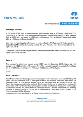 Passenger Vehicles
In December 2015, Tata Motors passenger vehicles sales were at 8,069 nos., decline of 33%,
compared to 12,040 nos. The wholesales of passenger cars in December 2015 were lower by
31% at 6,900 nos., compared to 9,956 nos., in December 2014 and the UV sales declined by
44% at 1,169 nos., in December 2015.
Last year, in the anticipation of increase in excise, effective 1st of January 2015, the sales in
December 2014 increased unusually. Hence, this year the sales have been impacted due to a
high base effect.
Cumulative sales of all passenger vehicles in the domestic market for the fiscal are 96,390 nos.,
higher by 5% over last year.
Exports
The company's sales from exports were 4,557 nos., in December 2015, higher by 15%
compared to 3,958 vehicles in December 2014. The cumulative sales from exports for the fiscal
are at 40,901 nos., were higher by 12%, over 36,626 nos., sold last year.
-Ends-
About Tata Motors
Tata Motors Limited is Indias largest automobile company, with consolidated revenues of INR 2,62,796
crores (USD 42.04 billion) in 2014-15. Through subsidiaries and associate companies, Tata Motors has
operations in the UK, South Korea, Thailand, South Africa and Indonesia. Among them is Jaguar Land
Rover, the business comprising the two iconic British brands. It also has an industrial joint venture with
Fiat in India. With over 8 million Tata vehicles plying in India, Tata Motors is the countrys market leader
in commercial vehicles and among the top in passenger vehicles. Tata cars, buses and trucks are being
marketed in several countries in Europe, Africa, the Middle East, South Asia, South East Asia, South
America, Australia, CIS and Russia.
(www.tatamotors.com ; also follow us on Twitter: https://twitter.com/TataMotors)
 