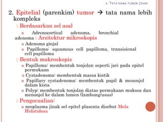 A. TATA NAMA TUMOR JINAK
2. Epitelial (parenkim) tumor tata nama lebih
kompleks
 Berdasarkan sel asal
 Adrenocortical adenoma, bronchial
adenoma  Arsitektur mikroskopis
 Adenoma ginjal
 Papilloma: squamous cell papilloma, transisional
cell papilloma
 Bentuk makroskopis
 Papilloma: membentuk tonjolan seperti jari pada epitel
permukaan
 Cystadenoma: membentuk massa kistik
 Papillary cystadenoma: membentuk papil & menonjol
dalam kista
 Polyp: membentuk tonjolan diatas permukaan mukosa dan
menonjol ke dalam lumen (lambung/usus)
 Pengecualian:
 neoplasma jinak sel epitel plasenta disebut Mola
Hidatidosa
 