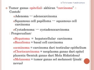 B.TATA NAMA TUMOR GANAS
 Tumor ganas epitelial; akhiran “carcinoma” 
Contoh:
Adenoma --- adenocarcinoma
Squamous cell papilloma --- squamous cell
carcinoma
Cystadenoma --- cystadenocarcinoma
 Pengecualian:
Hepatoma = hepatocellular carcinoma
Basalioma = basal cell carcinoma
seminoma = carcinoma dari testicular epithelium
Choriocarcinoma = neoplasma ganas dari epitel
plasenta (bentuk ganas dari Mola Hidatidosa)
Melanoma = tumor ganas sel melanosit (jinak:
nevus)
 