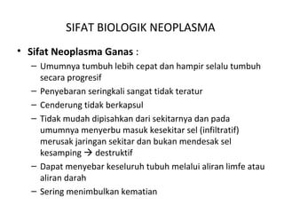 SIFAT BIOLOGIK NEOPLASMA
• Sifat Neoplasma Ganas :
– Umumnya tumbuh lebih cepat dan hampir selalu tumbuh
secara progresif
– Penyebaran seringkali sangat tidak teratur
– Cenderung tidak berkapsul
– Tidak mudah dipisahkan dari sekitarnya dan pada
umumnya menyerbu masuk kesekitar sel (infiltratif)
merusak jaringan sekitar dan bukan mendesak sel
kesamping  destruktif
– Dapat menyebar keseluruh tubuh melalui aliran limfe atau
aliran darah
– Sering menimbulkan kematian
 
