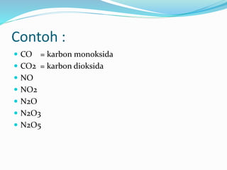 Contoh :
 CO = karbon monoksida
 CO2 = karbon dioksida
 NO
 NO2
 N2O
 N2O3
 N2O5
 