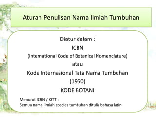 Aturan Penulisan Nama Ilmiah Tumbuhan
Diatur dalam :
ICBN
(International Code of Botanical Nomenclature)

atau
Kode Internasional Tata Nama Tumbuhan
(1950)
KODE BOTANI
Menurut ICBN / KITT :
Semua nama ilmiah species tumbuhan ditulis bahasa latin

 
