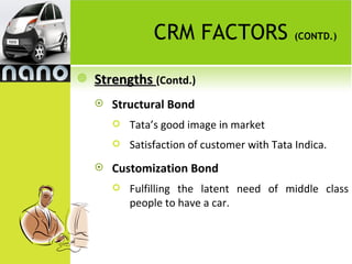 CRM FACTORS                   (CONTD.)



   Strengths (Contd.)
       Structural Bond
           Tata’s good image in market
           Satisfaction of customer with Tata Indica.
       Customization Bond
           Fulfilling the latent need of middle class
            people to have a car.
 