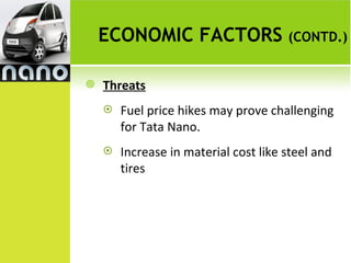 ECONOMIC FACTORS (CONTD.)

   Threats
       Fuel price hikes may prove challenging
        for Tata Nano.
       Increase in material cost like steel and
        tires
 