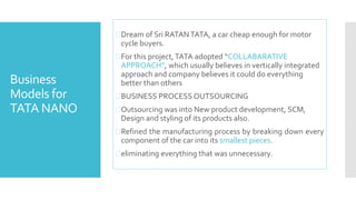 Business 
Models for 
TATA NANO 
Dream of Sri RATAN TATA, a car cheap enough for motor 
cycle buyers. 
For this project, TATA adopted “COLLABARATIVE 
APPROACH”, which usually believes in vertically integrated 
approach and company believes it could do everything 
better than others 
BUSINESS PROCESS OUTSOURCING 
Outsourcing was into New product development, SCM, 
Design and styling of its products also. 
Refined the manufacturing process by breaking down every 
component of the car into its smallest pieces. 
eliminating everything that was unnecessary. 
 