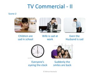 TV Commercial - II
Scene 2




          Children are       Wife is sad at            Even the
          sad in school          work                Husband is sad




                    Everyone’s              Suddenly the
                  eyeing the clock         smiles are back

                              © Abhizar Bootwala
 