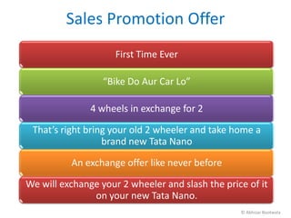 Sales Promotion Offer
                     First Time Ever

                  “Bike Do Aur Car Lo”

               4 wheels in exchange for 2

 That’s right bring your old 2 wheeler and take home a
                  brand new Tata Nano

          An exchange offer like never before

We will exchange your 2 wheeler and slash the price of it
               on your new Tata Nano.
                                                  © Abhizar Bootwala
 
