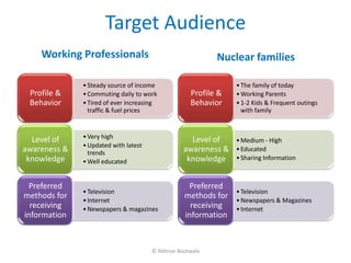 Target Audience
    Working Professionals                                  Nuclear families

              • Steady source of income                         • The family of today
 Profile &    • Commuting daily to work             Profile &   • Working Parents
 Behavior     • Tired of ever increasing            Behavior    • 1-2 Kids & Frequent outings
                traffic & fuel prices                             with family



  Level of    • Very high                           Level of    • Medium - High
              • Updated with latest
awareness &     trends                            awareness &   • Educated
 knowledge    • Well educated                      knowledge    • Sharing Information



 Preferred                                         Preferred
              • Television                                      • Television
methods for   • Internet
                                                  methods for   • Newspapers & Magazines
  receiving   • Newspapers & magazines              receiving   • Internet
information                                       information



                                      © Abhizar Bootwala
 