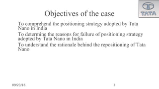 09/23/16
Objectives of the case
•
To comprehend the positioning strategy adopted by Tata
Nano in India
•
To determine the reasons for failure of positioning strategy
adopted by Tata Nano in India
•
To understand the rationale behind the repositioning of Tata
Nano
3
 