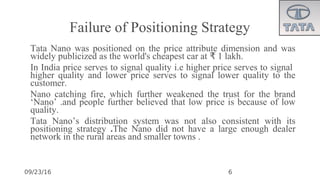 09/23/16
Failure of Positioning Strategy
•
Tata Nano was positioned on the price attribute dimension and was
widely publicized as the world's cheapest car at 1 lakh.
₹
•
In India price serves to signal quality i.e higher price serves to signal
higher quality and lower price serves to signal lower quality to the
customer.
•
Nano catching fire, which further weakened the trust for the brand
‘Nano’ .and people further believed that low price is because of low
quality.
•
Tata Nano’s distribution system was not also consistent with its
positioning strategy .The Nano did not have a large enough dealer
network in the rural areas and smaller towns .
6
 