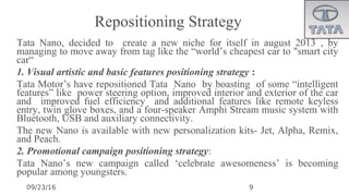 09/23/16
•
Tata Nano, decided to create a new niche for itself in august 2013 , by
managing to move away from tag like the “world’s cheapest car to "smart city
car“
1. Visual artistic and basic features positioning strategy :
•
Tata Motor’s have repositioned Tata Nano by boasting of some “intelligent
features” like power steering option, improved interior and exterior of the car
and improved fuel efficiency and additional features like remote keyless
entry, twin glove boxes, and a four-speaker Amphi Stream music system with
Bluetooth, USB and auxiliary connectivity.
•
The new Nano is available with new personalization kits- Jet, Alpha, Remix,
and Peach.
2. Promotional campaign positioning strategy:
•
Tata Nano’s new campaign called ‘celebrate awesomeness’ is becoming
popular among youngsters.
9
Repositioning Strategy
 