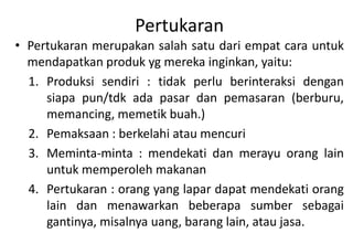 Pertukaran
• Pertukaran merupakan salah satu dari empat cara untuk
  mendapatkan produk yg mereka inginkan, yaitu:
  1. Produksi sendiri : tidak perlu berinteraksi dengan
     siapa pun/tdk ada pasar dan pemasaran (berburu,
     memancing, memetik buah.)
  2. Pemaksaan : berkelahi atau mencuri
  3. Meminta-minta : mendekati dan merayu orang lain
     untuk memperoleh makanan
  4. Pertukaran : orang yang lapar dapat mendekati orang
     lain dan menawarkan beberapa sumber sebagai
     gantinya, misalnya uang, barang lain, atau jasa.
 