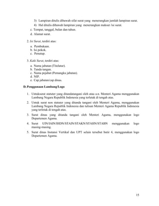 15
3) Lampiran ditulis dibawah sifat surat yang menerangkan jumlah lampiran surat.
4) Hal ditulis dibawah lampiran yang menerangkan maksut /isi surat.
c. Tempat, tanggal, bulan dan tahun.
d. Alamat surat.
2. Isi Surat, terdiri atas:
a. Pembukaan.
b. Isi pokok.
c. Penutup.
3. Kaki Surat, terdiri atas:
a. Nama jabatan (Titelatur).
b. Tanda tangan.
c. Nama pejabat (Pemangku jabatan).
d. NIP.
e. Cap jabatan/cap dinas.
D. Penggunaan Lambang/Logo
1. Untuksurat statuter yang ditandatangani oleh atau a.n. Menteri Agama menggunakan
Lambang Negara Republik Indonesia yang terletak di tengah atas.
2. Untuk surat non statuter yang ditanda tangani oleh Menteri Agama, menggunakan
Lambang Negara Republik Indonesia dan tulisan Menteri Agama Republik Indonesia
yang terletak di tengah atas.
3. Surat dinas yang ditanda tangani oleh Menteri Agama, menggunakan logo
Departemen Agama.
4. Surat UIN/IAIN/IHDN/STAIN/STAKN/STAHN/STABN menggunakan logo
masing-masing.
5. Surat dinas Instansi Vertikal dan UPT selain tersebut butir 4, menggunakan logo
Departemen Agama.
 