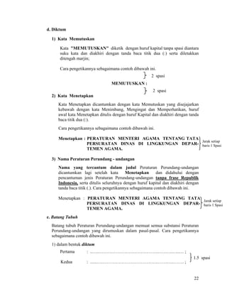 22
d. Diktum
1) Kata Memutuskan
Kata "MEMUTUSKAN" diketik dengan huruf kapital tanpa spasi diantara
suku kata dan diakhiri dengan tanda baca titik dua (:) serta diletakkan
ditengah marjin;
Cara pengetikannya sebagaimana contoh dibawah ini.
MEMUTUSKAN :
2) Kata Menetapkan
Kata Menetapkan dicantumkan dengan kata Memutuskan yang disejajarkan
kebawah dengan kata Menimbang, Mengingat dan Memperhatikan, huruf
awal kata Menetapkan ditulis dengan huruf Kapital dan diakhiri dengan tanda
baca titik dua (:).
Cara pengetikannya sebagaimana contoh dibawah ini.
Menetapkan : PERATURAN MENTERI AGAMA TENTANG TATA
PERSURATAN DINAS DI LINGKUNGAN DEPAR-
TEMEN AGAMA.
3) Nama Peraturan Perundang - undangan
Nama yang tercantum dalam judul Peraturan Perundang-undangan
dicantumkan lagi setelah kata Menetapkan dan didahului dengan
pencantuman jenis Peraturan Perundang-undangan tanpa frase Republik
Indonesia, serta ditulis seluruhnya dengan huruf kapital dan diakhiri dengan
tanda baca titik (.). Cara pengetikannya sebagaimana contoh dibawah ini.
Menetapkan : PERATURAN MENTERI AGAMA TENTANG TATA
PERSURATAN DINAS DI LINGKUNGAN DEPAR-
TEMEN AGAMA.
e. Batang Tubuh
Batang tubuh Peraturan Perundang-undangan memuat semua substansi Peraturan
Perundang-undangan yang dirumuskan dalam pasal-pasal. Cara pengetikannya
sebagaimana contoh dibawah ini.
1) dalam bentuk diktum
Pertama : ..…..………………………………….……….…..… ;
Kedua : ......….………………………………..………..……. ;
1.5 spasi
Jarak setiap
baris 1 Spasi
2 spasi
2 spasi
Jarak setiap
baris 1 Spasi
 