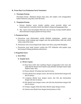 26
B. Proses Dan Cara Pembuatan Surat Nonstatuter
1. Penyiapan Konsep
Penyiapan konsep dilakukan dengan tepat, jelas, dan singkat, serta menggunakan
bahasa Indonesia yang baku, baik dan benar.
2. Pengajuan Konsep
a. Konsep diajukan secara hirarkis pejabat sesuai prosedur dalam unit
kerja/organisasi, kemudian diteliti dan diparaf sebagai pertanggungjawaban.
b. Jika materi surat menyangkut lebih dari satu unit kerja, konsep terlebih dahulu
dikoordinasikan dengan pejabat/unit kerja terkait.
3. Penomoran Surat
a. Penomoran surat dilaksanakan setelah dibubuhi tandatangan pejabat yang
berwenang, untuk menjaga agar tanggal surat dan pemberlakuan tidak ada selisih
waktu yang terlalu lama.
b. Penomoran surat sesuai dengan kode indeks surat dinas yang telah ditetapkan.
c. Penomoran surat untuk instansi vertikal dan UPT dilakukan oleh pejabat yang
berwenang di bidang pembinaan administrasi.
4. Pengetikan Surat
a. Surat Dinas
1) Kepala Surat
a) Menteri Agama
(1) Kop Surat terdiri dari Lambang Negara menggunakan tinta emas dan
judul diketik dengan huruf kapital yang diletakan ditengah marjin tanpa
diakhiri tanda baca.
(2) Nomor diketik 10 ketukan dari tepi kiri kertas.
(3) Sifat diketik lurus dengan nomor, dan titik dua diselaraskan dengan titik
dua di atasnya.
(3) Lampiran diketik lurus dengan nomor, dan titik dua diselaraskan
dengan titik dua di atasnya.
(4) Hal diketik lurus dengan nomor, dan titik dua diselaraskan dengan titik
dua di atasnya.
(5) Tempat, tanggal, bulan dan tahun diketik sejajar dengan nomor.
(6) Alamat surat diketik lurus dengan huruf pertama isi Hal.
 