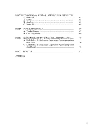 3
BAB VIII PENGGUNAAN KERTAS, AMPLOP DAN MESIN TIK/
KOMPUTER................................................................................ 65
A. Kertas …………………………………………………….... 65
B. Amplop …………………………………………………..... 65
C. Mesin Tik ………………………………………………...... 68
BAB IX PENGIRIMAN SURAT .............................................................. 69
A. Tingkat Urgensi …………………………………………..... 69
B. Cara Pengiriman ………………………………………........ 69
BAB X KODE INDEKS SURAT DINAS DEPARTEMEN AGAMA ... 70
A. Kode Indeks di Lingkungan Departemen Agama yang diatur
oleh Pusat .................................... ...............……………….. 70
C. Kode Indeks di Lingkungan Departemen Agama yang diatur
oleh Daerah ............................................................................ 78
BAB XI PENUTUP ................................................................................... 87
LAMPIRAN
 