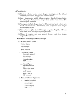 31
a) Nama Jabatan
(1) Diketik di sebelah kanan bawah dengan jarak tiga spasi dari kalimat
terakhir bagian isi surat, menggunakan huruf awal kapital.
(2) Yang dicantumkan adalah jabatan pengirim (Kepala, Direktur, Rektor
dan sebagainya) dan tidak perlu menyebutkan kembali nama instansi (bila
sudah ada pada kop surat).
(3) Nama pejabat diketik dengan huruf awal kapital, tidak perlu diberi garis
bawah, dan tanda baca. Pencantuman gelar kesarjanaan sesuai dengan
ketentuan yang berlaku.
(4) Di bawah nama pejabat diketik NIP yang bersangkutan. Pengetikan NIP tidak
boleh diberi antara satu angka dengan angka lainnya.
(5) Jabatan si pengirim dan nama pejabat disusun tegak lurus dengan
tempat kedudukan surat.
Contoh kaki surat dan penandatanganannya.
a) Kaki Surat Menteri Agama :
- Menteri Agama
tanda tangan
Nama Lengkap
- a.n. Menteri Agama
Sekretaris Jenderal
tanda tangan
Nama Lengkap
NIP ……….
- a.n. Menteri Agama
Sekretaris Jenderal
u.b.
Kepala Biro/Pusat …
tanda tangan
Nama Lengkap
NIP ……….
b) Kaki Surat Satuan Organisasi:
- Sekretaris Jenderal
tanda tangan
Nama Lengkap
NIP ……….
 