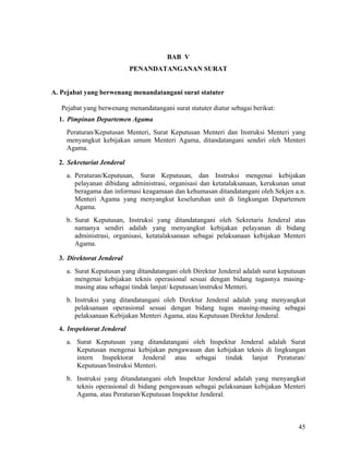 45
BAB V
PENANDATANGANAN SURAT
A. Pejabat yang berwenang menandatangani surat statuter
Pejabat yang berwenang menandatangani surat statuter diatur sebagai berikut:
1. Pimpinan Departemen Agama
Peraturan/Keputusan Menteri, Surat Keputusan Menteri dan Instruksi Menteri yang
menyangkut kebijakan umum Menteri Agama, ditandatangani sendiri oleh Menteri
Agama.
2. Sekretariat Jenderal
a. Peraturan/Keputusan, Surat Keputusan, dan Instruksi mengenai kebijakan
pelayanan dibidang administrasi, organisasi dan ketatalaksanaan, kerukunan umat
beragama dan informasi keagamaan dan kehumasan ditandatangani oleh Sekjen a.n.
Menteri Agama yang menyangkut keseluruhan unit di lingkungan Departemen
Agama.
b. Surat Keputusan, Instruksi yang ditandatangani oleh Sekretaris Jenderal atas
namanya sendiri adalah yang menyangkut kebijakan pelayanan di bidang
administrasi, organisasi, ketatalaksanaan sebagai pelaksanaan kebijakan Menteri
Agama.
3. Direktorat Jenderal
a. Surat Keputusan yang ditandatangani oleh Direktur Jenderal adalah surat keputusan
mengenai kebijakan teknis operasional sesuai dengan bidang tugasnya masing-
masing atau sebagai tindak lanjut/ keputusan/instruksi Menteri.
b. Instruksi yang ditandatangani oleh Direktur Jenderal adalah yang menyangkut
pelaksanaan operasional sesuai dengan bidang tugas masing-masing sebagai
pelaksanaan Kebijakan Menteri Agama, atau Keputusan Direktur Jenderal.
4. Inspektorat Jenderal
a. Surat Keputusan yang ditandatangani oleh Inspektur Jenderal adalah Surat
Keputusan mengenai kebijakan pengawasan dan kebijakan teknis di lingkungan
intern Inspektorat Jenderal atau sebagai tindak lanjut Peraturan/
Keputusan/Instruksi Menteri.
b. Instruksi yang ditandatangani oleh Inspektur Jenderal adalah yang menyangkut
teknis operasional di bidang pengawasan sebagai pelaksanaan kebijakan Menteri
Agama, atau Peraturan/Keputusan Inspektur Jenderal.
 