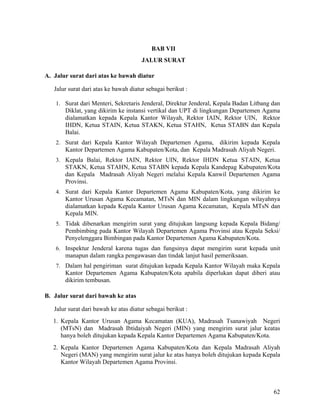 62
BAB VII
JALUR SURAT
A. Jalur surat dari atas ke bawah diatur
Jalur surat dari atas ke bawah diatur sebagai berikut :
1. Surat dari Menteri, Sekretaris Jenderal, Direktur Jenderal, Kepala Badan Litbang dan
Diklat, yang dikirim ke instansi vertikal dan UPT di lingkungan Departemen Agama
dialamatkan kepada Kepala Kantor Wilayah, Rektor IAIN, Rektor UIN, Rektor
IHDN, Ketua STAIN, Ketua STAKN, Ketua STAHN, Ketua STABN dan Kepala
Balai.
2. Surat dari Kepala Kantor Wilayah Departemen Agama, dikirim kepada Kepala
Kantor Departemen Agama Kabupaten/Kota, dan Kepala Madrasah Aliyah Negeri.
3. Kepala Balai, Rektor IAIN, Rektor UIN, Rektor IHDN Ketua STAIN, Ketua
STAKN, Ketua STAHN, Ketua STABN kepada Kepala Kandepag Kabupaten/Kota
dan Kepala Madrasah Aliyah Negeri melalui Kepala Kanwil Departemen Agama
Provinsi.
4. Surat dari Kepala Kantor Departemen Agama Kabupaten/Kota, yang dikirim ke
Kantor Urusan Agama Kecamatan, MTsN dan MIN dalam lingkungan wilayahnya
dialamatkan kepada Kepala Kantor Urusan Agama Kecamatan, Kepala MTsN dan
Kepala MIN.
5. Tidak dibenarkan mengirim surat yang ditujukan langsung kepada Kepala Bidang/
Pembimbing pada Kantor Wilayah Departemen Agama Provinsi atau Kepala Seksi/
Penyelenggara Bimbingan pada Kantor Departemen Agama Kabupaten/Kota.
6. Inspektur Jenderal karena tugas dan fungsinya dapat mengirim surat kepada unit
manapun dalam rangka pengawasan dan tindak lanjut hasil pemeriksaan.
7. Dalam hal pengiriman surat ditujukan kepada Kepala Kantor Wilayah maka Kepala
Kantor Departemen Agama Kabupaten/Kota apabila diperlukan dapat diberi atau
dikirim tembusan.
B. Jalur surat dari bawah ke atas
Jalur surat dari bawah ke atas diatur sebagai berikut :
1. Kepala Kantor Urusan Agama Kecamatan (KUA), Madrasah Tsanawiyah Negeri
(MTsN) dan Madrasah Ibtidaiyah Negeri (MIN) yang mengirim surat jalur keatas
hanya boleh ditujukan kepada Kepala Kantor Departemen Agama Kabupaten/Kota.
2. Kepala Kantor Departemen Agama Kabupaten/Kota dan Kepala Madrasah Aliyah
Negeri (MAN) yang mengirim surat jalur ke atas hanya boleh ditujukan kepada Kepala
Kantor Wilayah Departemen Agama Provinsi.
 