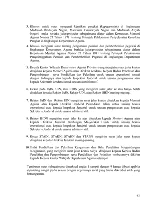 63
3. Khusus untuk surat mengenai kenaikan pangkat (kepegawaian) di lingkungan
Madrasah Ibtidaiyah Negeri, Madrasah Tsanawiyah Negeri dan Madrasah Aliyah
Negeri maka berlaku jalur/prosedur sebagaimana diatur dalam Keputusan Menteri
Agama Nomor 27 Tahun 1971 tentang Petunjuk Pelaksanaan Penyelesaian Kenaikan
Pangkat di lingkungan Departemen Agama.
4. Khusus mengenai surat tentang pengurusan pensiun dan pemberhentian pegawai di
lingkungan Departemen Agama berlaku jalur/prosedur sebagaimana diatur dalam
Keputusan Menteri Agama Nomor 27 Tahun 1981 tentang Petunjuk Pelaksanaan
Penyelenggaraan Pensiun dan Pemberhentian Pegawai di lingkungan Departemen
Agama.
5. Kepala Kantor Wilayah Departemen Agama Provinsi yang mengirim surat jalur keatas
ditujukan kepada Menteri Agama atau Direktur Jenderal, Kepala Badan Penelitian dan
Pengembangan serta Pendidikan dan Pelatihan untuk urusan operasional sesuai
dengan bidangnya atau kepada Inspektur Jenderal untuk urusan pengawasan atau
kepada Sekretaris Jenderal untuk urusan administratif.
6. Dekan pada IAIN, UIN, atau IHDN yang mengirim surat jalur ke atas hanya boleh
ditujukan kepada Rektor IAIN, Rektor UIN, atau Rektor IHDN masing-masing.
7. Rektor IAIN dan Rektor UIN mengirim surat jalur keatas ditujukan kepada Menteri
Agama atau kepada Direktur Jenderal Pendidikan Islam untuk urusan teknis
operasional atau kepada Inspektur Jenderal untuk urusan pengawasan atau kepada
Sekretaris Jenderal untuk urusan administratif.
8. Rektor IHDN mengirim surat jalur ke atas ditujukan kepada Menteri Agama atau
kepada Direktur Jenderal Bimbingan Masyarakat Hindu untuk urusan teknis
operasional atau kepada Inspektur Jenderal untuk urusan pengawasan atau kepada
Sekretaris Jenderal untuk urusan administratif.
9. Ketua STAIN, STAKN, STAHN dan STABN mengirim surat jalur surat keatas
ditujukan kepada Direktur Jenderal masing-masing.
10. Balai Pendidikan dan Pelatihan Keagamaan dan Balai Penelitian Pengembangan
Keagamaan, yang mengirim surat jalur keatas hanya ditujukan kepada Kepala Badan
Penelitian dan Pengembangan serta Pendidikan dan Pelatihan tembusannya dikirim
kepada Kepala Kantor Wilayah Depertemen Agama setempat.
Tembusan surat sebagaimana dimaksud angka 1 sampai dengan 9 hanya dibuat apabila
dipandang sangat perlu sesuai dengan urgensinya surat yang harus diketahui oleh yang
bersangkutan.
 