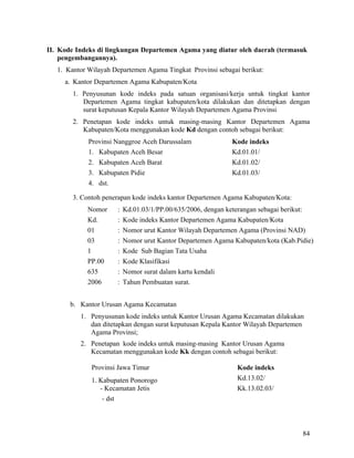 84
II. Kode Indeks di lingkungan Departemen Agama yang diatur oleh daerah (termasuk
pengembangannya).
1. Kantor Wilayah Departemen Agama Tingkat Provinsi sebagai berikut:
a. Kantor Departemen Agama Kabupaten/Kota
1. Penyusunan kode indeks pada satuan organisasi/kerja untuk tingkat kantor
Departemen Agama tingkat kabupaten/kota dilakukan dan ditetapkan dengan
surat keputusan Kepala Kantor Wilayah Departemen Agama Provinsi
2. Penetapan kode indeks untuk masing-masing Kantor Departemen Agama
Kabupaten/Kota menggunakan kode Kd dengan contoh sebagai berikut:
Provinsi Nanggroe Aceh Darussalam Kode indeks
1. Kabupaten Aceh Besar Kd.01.01/
2. Kabupaten Aceh Barat Kd.01.02/
3. Kabupaten Pidie Kd.01.03/
4. dst.
3. Contoh penerapan kode indeks kantor Departemen Agama Kabupaten/Kota:
Nomor : Kd.01.03/1/PP.00/635/2006, dengan keterangan sebagai berikut:
Kd. : Kode indeks Kantor Departemen Agama Kabupaten/Kota
01 : Nomor urut Kantor Wilayah Departemen Agama (Provinsi NAD)
03 : Nomor urut Kantor Departemen Agama Kabupaten/kota (Kab.Pidie)
1 : Kode Sub Bagian Tata Usaha
PP.00 : Kode Klasifikasi
635 : Nomor surat dalam kartu kendali
2006 : Tahun Pembuatan surat.
b. Kantor Urusan Agama Kecamatan
1. Penyusunan kode indeks untuk Kantor Urusan Agama Kecamatan dilakukan
dan ditetapkan dengan surat keputusan Kepala Kantor Wilayah Departemen
Agama Provinsi;
2. Penetapan kode indeks untuk masing-masing Kantor Urusan Agama
Kecamatan menggunakan kode Kk dengan contoh sebagai berikut:
Provinsi Jawa Timur Kode indeks
1. Kabupaten Ponorogo Kd.13.02/
- Kecamatan Jetis
- dst
Kk.13.02.03/
 