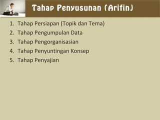 Tahap Penyusunan (Arifin)
1. Tahap Persiapan (Topik dan Tema)
2. Tahap Pengumpulan Data
3. Tahap Pengorganisasian
4. Tahap Penyuntingan Konsep
5. Tahap Penyajian
 