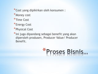 *
*Cost yang dipikirkan oleh konsumen :
*Money cost
*Time Cost
*Energy Cost
*Physical Cost
*Ini juga dipandang sebagai benefit yang akan
diperoleh produsen, Producer Value/ Producer
Benefit.
 