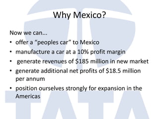 Why Mexico? ,[object Object],Now we can...,[object Object],offer a “peoples car” to Mexico,[object Object],manufacture a car at a 10% profit margin,[object Object], generate revenues of $185 million in new market,[object Object],generate additional net profits of $18.5 million per annum,[object Object],position ourselves strongly for expansion in the Americas,[object Object]
