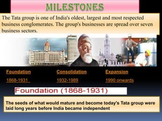 The Tata group is one of India's oldest, largest and most respected
business conglomerates. The group's businesses are spread over seven
business sectors.




  Foundation            Consolidation         Expansion
  1868-1931             1932-1989             1990 onwards




 The seeds of what would mature and become today's Tata group were
 laid long years before India became independent
 