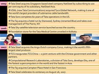 2005: Tata Steel acquires Singapore-based steel company NatSteel by subscribing to 100
      per cent equity of its subsidiary, NatSteel Asia.
      VSNL (now Tata Communications) acquired Tyco Global Network, making it one of
      the world's largest providers of submarine cable bandwidth.
      Tata Sons completes 60 years of Tata operations in the US.
      The Taj acquires a hotel run by Starwood, Sydney (renamed Blue) and takes over
      management of The Pierre, NY.
2006: Tata Sky satellite television service launched across the country.
      Foundation stone for the Tata Medical Centre unveiled in Kolkata.




2007: Tata Steel acquires the Ango-Dutch company Corus, making it the world's fifth-
      largest steel producer.
      TCS inaugurates TCS China — a joint venture with the Chinese government and other
      partners.
      Computational Research Laboratories, a division of Tata Sons, develops Eka, one of
      the fastest supercomputers in the world and the fastest in Asia.
      The Taj acquires Campton Place Hotel in San Francisco.
      Tata Steel celebrates its centenary on August 26, 2007.
 