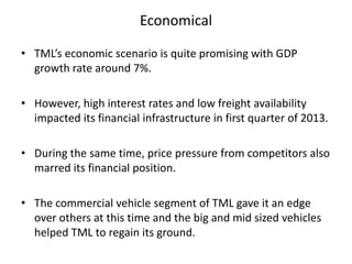 Economical
• TML’s economic scenario is quite promising with GDP
growth rate around 7%.
• However, high interest rates and low freight availability
impacted its financial infrastructure in first quarter of 2013.

• During the same time, price pressure from competitors also
marred its financial position.
• The commercial vehicle segment of TML gave it an edge
over others at this time and the big and mid sized vehicles
helped TML to regain its ground.

 