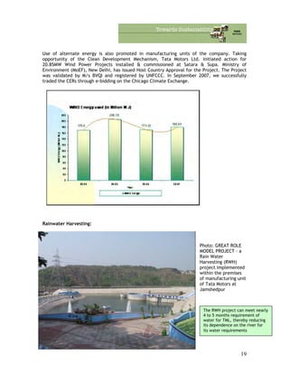 Use of alternate energy is also promoted in manufacturing units of the company. Taking
opportunity of the Clean Development Mechanism, Tata Motors Ltd. initiated action for
20.85MW Wind Power Projects installed & commissioned at Satara & Supa. Ministry of
Environment (MoEF), New Delhi, has issued Host Country Approval for the Project. The Project
was validated by M/s BVQI and registered by UNFCCC. In September 2007, we successfully
traded the CERs through e-bidding on the Chicago Climate Exchange.
Rainwater Harvesting:
Photo: GREAT ROLE
MODEL PROJECT – a
Rain Water
Harvesting (RWH)
project implemented
within the premises
of manufacturing unit
of Tata Motors at
Jamshedpur
The RWH project can meet nearly
4 to 5 months requirement of
water for TML, thereby reducing
its dependence on the river for
its water requirements
19
 