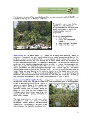 Over time, the creation of the water bodies and the tree cover (approximately 1,50,000 trees)
has altered the very look of the entire landscape.
The objective was to make the lake
/ ponds and surrounding area
attractive to aquatic and other birds,
which was achieved by a planned
microhabitat development
programme.
These microhabitats include:
1. Water bodies
2. Marshy area / Reed beds
(Typha sp.)
3. Open scrub land / grassland
4. Garden / orchard area
Water Bodies: All the water bodies, i.e. 2 lakes and 4 ponds were originally created by
excavation. These ponds and lakes are spread out over an area of approximately 40 acres. The
ponds are smaller in area and also shallower, as compared with the lakes. Storm water and
treated effluent flow into the lakes through the 4 ponds. These ponds are frequented by
different varieties of small waders, cormorants and kingfishers. The depth and gradient of the
ponds have been maintained by planned dredging activities to remove the accumulated silt.
The ponds also allow for the sedimentation of the silt carried by the storm water runoff, which
in turn ensures that the water entering into the larger lakes – Sumant Sagar and Lake Sharma
are relatively cleaner and carry less dissolved solids. This 30-acre stretch of open water in
Sumant Sagar and Lake Sharma is the preferred foraging area for ducks, geese and other
paddling birds, which feed on fishes, algae, assorted phytoplankton and zooplankton, insect
larvae etc. Apart from the resident bird population, the lakes are visited by a number of
migratory birds, which winter in the Southern Hemisphere from October to March.
Marshy Area / Reed Beds (Typha): Marshy / swampy areas were developed all along the margin
of the water bodies, with the specific intention of creating secluded spots to encourage birds
to nest as well as to create a habitat capable of
supporting waders. Typha is the predominant
plant species here. The reed bed areas are the
preferred feeding spot for waders. Rocks and
dead tree trunks have also been provided (from
the beginning) in these marshy areas to provide
resting spots for ducks, grebes, cormorants and
other aquatic species.
The reed beds are areas of ‘still water’ where
invertebrates such as snails, mollusks,
crustaceans, insects, annelids, and their larval
stages thrive. Vertebrates such as fishes, frogs,
and reptiles are also sighted in abundance here.
23
 