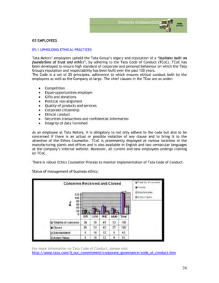 05 EMPLOYEES
05.1 UPHOLDING ETHICAL PRACTICES
Tata Motors’ employees uphold the Tata Group’s legacy and reputation of a “business built on
foundations of trust and ethics”, by adhering to the Tata Code of Conduct (TCoC). TCoC has
been developed to ensure high standard of corporate and personal behaviour on which the Tata
Group's reputation and respectability has been built over the past 120 years.
The Code is a set of 25 principles, adherence to which ensures ethical conduct both by the
employees as well as the Company at large. The chief clauses in the TCoc are as under:
• Competition
• Equal-opportunities employer
• Gifts and donations
• Political non-alignment
• Quality of products and services
• Corporate citizenship
• Ethical conduct
• Securities transactions and confidential information
• Integrity of data furnished
As an employee at Tata Motors, it is obligatory to not only adhere to the code but also to be
concerned if there is an actual or possible violation of any clause and to bring it to the
attention of the Ethics Counsellor. TCoC is prominently displayed at various locations in the
manufacturing plants and offices and is also available in English and two vernacular languages
at the company’s internal website. Moreover, all current and new employees undergo training
on TCoC.
There is robust Ethics Counsellor Process to monitor implementation of Tata Code of Conduct.
Status of management of business ethics:
For more information on Tata Code of Conduct, please visit
http://www.tata.com/0_our_commitment/corporate_governance/code_of_conduct.htm
26
 