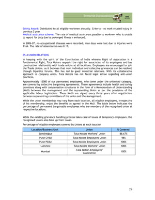 Safety Award: Distributed to all eligible workmen annually. Criteria - no work related injury in
previous 2 year
Medical assistance scheme: The rate of medical assistance payable to workmen who is unable
to report for duty due to prolonged illness is enhanced.
In 2006-07, no occupational diseases were recorded, man days were lost due to injuries were
1164. The rate of absenteeism was 0.17.
05.4 UNION RELATIONS
In keeping with the spirit of the Constitution of India wherein Right of Association is a
Fundamental Right, Tata Motors respects the right for association of its employees and has
constructive relationship with trade unions at all locations. Employees are encouraged to join
the Trade Unions, as it believes that most individual and collective grievances can be resolved
through bipartite forums. This has led to good industrial relations. With its collaborative
approach to company union, Tata Motors has not faced legal action regarding anti-union
practices.
Approximately 15000 of our permanent employees, who come under the unionised category,
are covered by collective bargaining agreements. These agreements include health and safety
provisions along with compensation structures in the form of a Memorandum of Understanding
(MoU) between the management and the representing Union as per the provisions of the
applicable labour legislations. These MoUs are signed every three years after negotiations
between representing committees of the union and the Management.
While the union membership may vary from each location, all eligible employees, irrespective
of his membership, enjoy the benefits as agreed in the MoU. The table below indicates the
percentage of permanent bargainable employees who are members of the recognised union at
respective locations.
While the existing grievance handling process takes care of issues of temporary employees, the
recognised Unions also take up their issues.
Percentage of eligible employees covered by Unions at each location
Location/Business Unit Union % Covered
Jamshedpur Tata Motors Workers’ Union 88.67%
Pune CVBU Tata Motors Employees Union 98%
Pune PCBU Tata Motors Employees Union 100%
Lucknow Tata Motors Workers’ Union 100%
Mumbai
Tata Motors Employees’
Association
100%
29
 