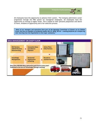 All employees have the opportunity to advance their careers. The Company administers career
progression through the PMS system for managerial employees. All employees have the
opportunity of moving to higher levels. This is based on their personal preparation and desire
to move, windows of opportunity and a fair selection process.
“Many of our managers and executives form part of the Managing Committees of Schools run by Shiksha
Prasar and also are members of profession bodies like CII, NIPM, IIIE etc – creating platforms for transferring
their learning from the Organisation to the larger community.”
31
 