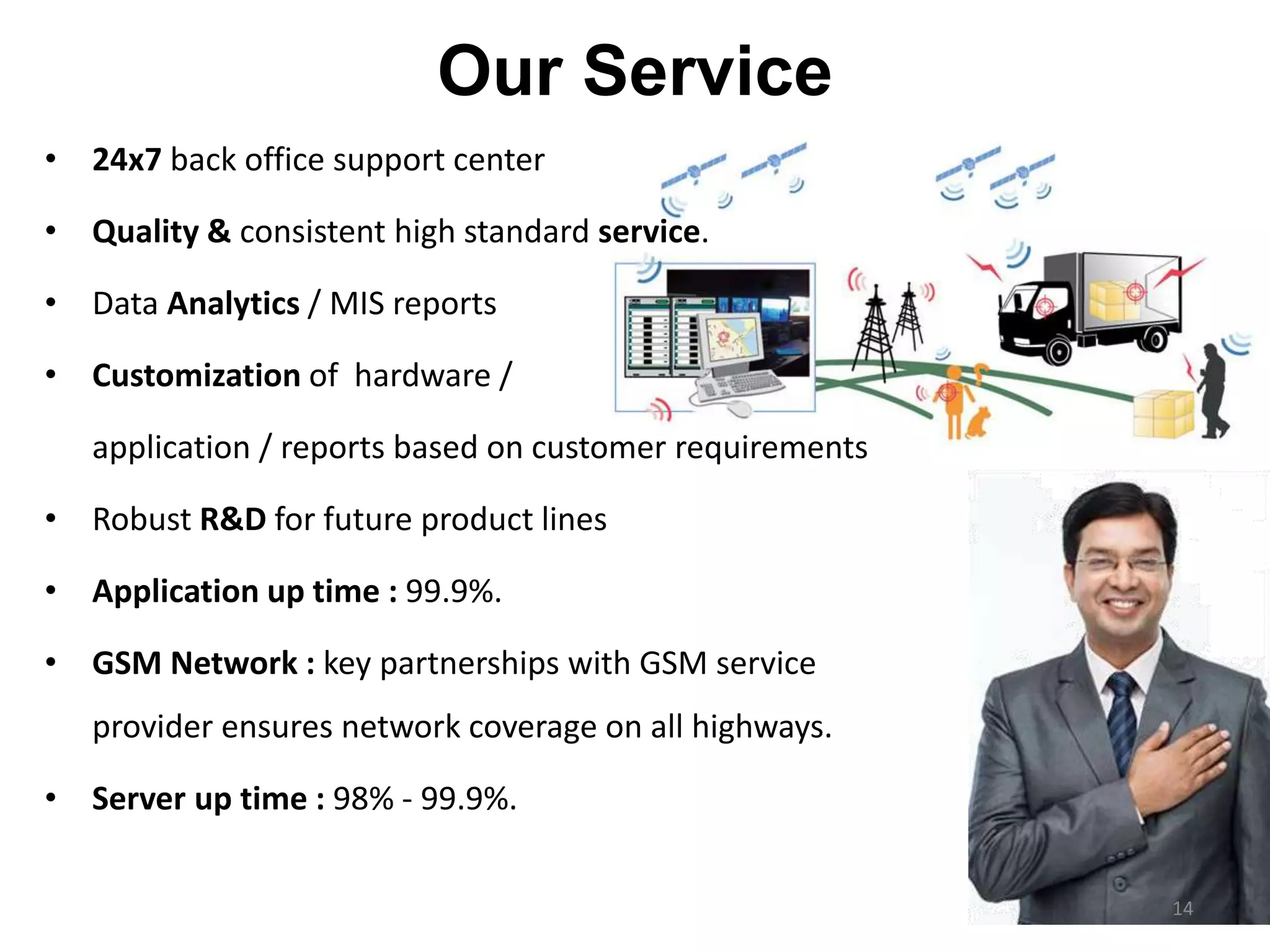 Our Service
• 24x7 back office support center
• Quality & consistent high standard service.
• Data Analytics / MIS reports
• Customization of hardware /
application / reports based on customer requirements
• Robust R&D for future product lines
• Application up time : 99.9%.
• GSM Network : key partnerships with GSM service
provider ensures network coverage on all highways.
• Server up time : 98% - 99.9%.
14
 