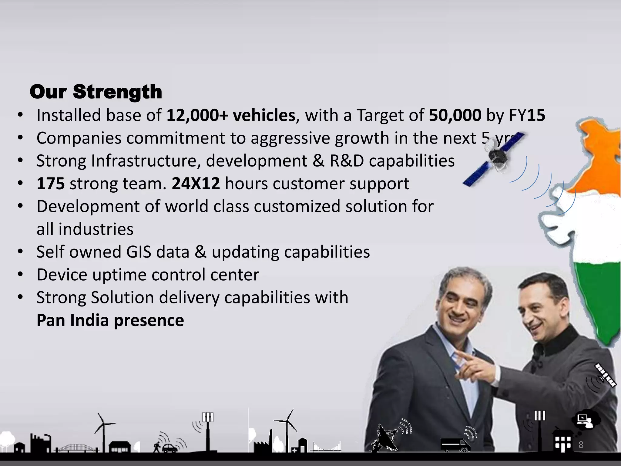 Our Strength
• Installed base of 12,000+ vehicles, with a Target of 50,000 by FY15
• Companies commitment to aggressive growth in the next 5 yrs
• Strong Infrastructure, development & R&D capabilities
• 175 strong team. 24X12 hours customer support
• Development of world class customized solution for
all industries
• Self owned GIS data & updating capabilities
• Device uptime control center
• Strong Solution delivery capabilities with
Pan India presence
8
 