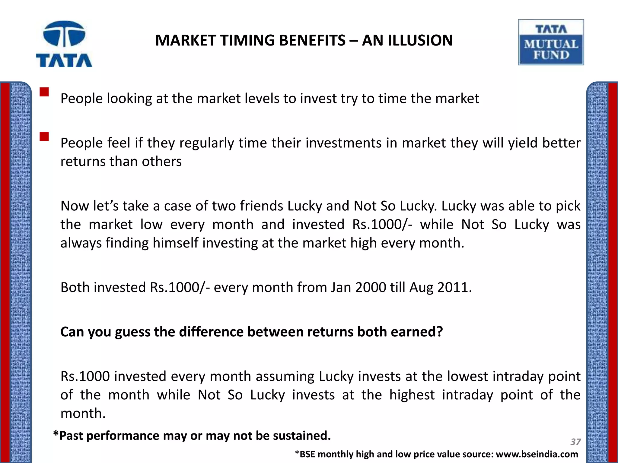 MARKET TIMING BENEFITS – AN ILLUSION


 People looking at the market levels to invest try to time the market
 People feel if they regularly time their investments in market they will yield better
   returns than others

   Now let’s take a case of two friends Lucky and Not So Lucky. Lucky was able to pick
   the market low every month and invested Rs.1000/- while Not So Lucky was
   always finding himself investing at the market high every month.

   Both invested Rs.1000/- every month from Jan 2000 till Aug 2011.

   Can you guess the difference between returns both earned?

   Rs.1000 invested every month assuming Lucky invests at the lowest intraday point
   of the month while Not So Lucky invests at the highest intraday point of the
   month.
  *Past performance may or may not be sustained.                                                      37
                                         *BSE monthly high and low price value source: www.bseindia.com
 