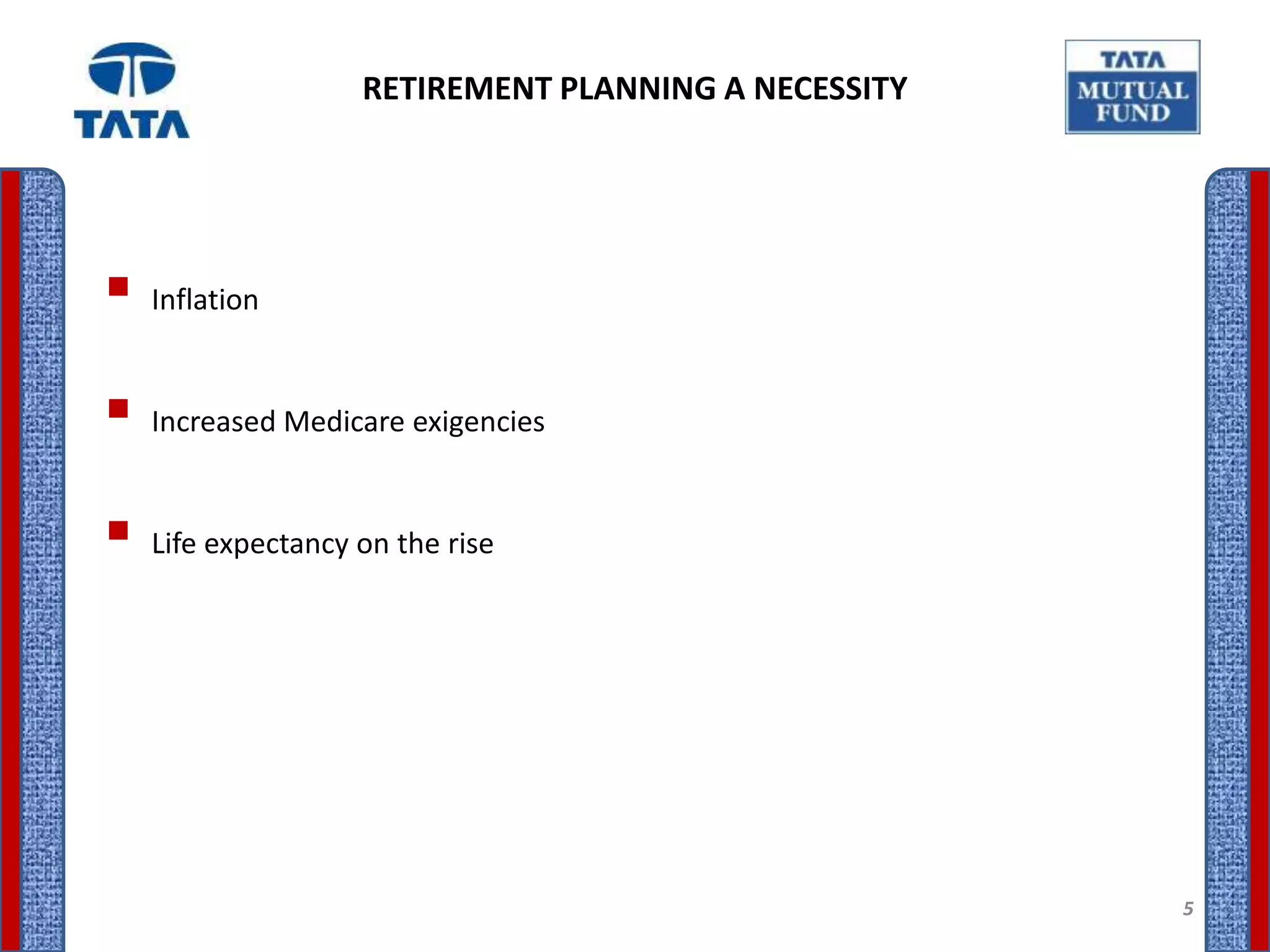 RETIREMENT PLANNING A NECESSITY




 Inflation
 Increased Medicare exigencies
 Life expectancy on the rise




                                                     5
 