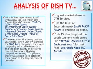 ANALYSIS OF DISH TV…
Dish TV has repositioned itself
with a new tag line which says
“Sabse Zyaada” means: “Dish TV
Offers Sabse Zyaada
Entertainment Sabse Zyaada -
Number of Channels Sabse Zyaada
– Regional Channels Sabse Zyaada
Genre Sabse Zyaada - Value at
Every Price Point”
The reason for this being that two
years back, when Dish TV launched
the Wish karo campaign, they were
competing with cable operators
and the poor quality of delivered
content but now with rising
competition among DTH players,
there was a need to re-establish
their brand as the largest content
provider.
Highest market share in
DTH Service.
Has the KING of
Entertainment- SHAH RUKH
KHAN to endorse its brand.
Dish TV also targeted the
youth segment with offers
like “Michael Jackson Live in
Bucharest tour” for just
Rs25, Microsoft Xbox 360
Arcade.
 