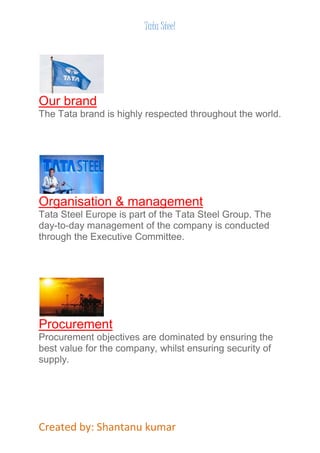 Tata Steel 
Our brand 
The Tata brand is highly respected throughout the world. 
Organisation & management 
Tata Steel Europe is part of the Tata Steel Group. The 
day-to-day management of the company is conducted 
through the Executive Committee. 
Procurement 
Procurement objectives are dominated by ensuring the 
best value for the company, whilst ensuring security of 
supply. 
Created by: Shantanu kumar 
 