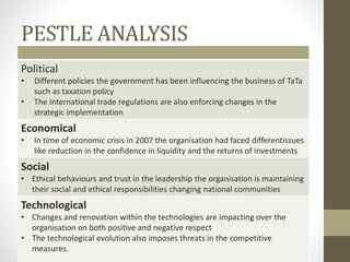 PESTLE ANALYSIS
Political
• Different policies the government has been influencing the business of TaTa
such as taxation policy
• The International trade regulations are also enforcing changes in the
strategic implementation
Economical
• In time of economic crisis in 2007 the organisation had faced differentissues
like reduction in the confidence in liquidity and the returns of investments
Social
• Ethical behaviours and trust in the leadership the organisation is maintaining
their social and ethical responsibilities changing national communities
Technological
• Changes and renovation within the technologies are impacting over the
organisation on both positive and negative respect
• The technological evolution also imposes threats in the competitive
measures.
 