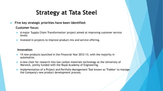 Strategy at Tata Steel
 Five key strategic priorities have been identified:
Customer focus:
 A major 'Supply Chain Transformation' project aimed at improving customer service
levels.
 Invested in projects to improve product mix and service offering.
Innovation
 14 new products launched in the Financial Year 2012-13, with the majority in
automotive.
 A new chair for research into low carbon materials technology at the University of
Warwick, jointly funded with the Royal Academy of Engineering.
 Implementation of a Project and Portfolio Management Tool known as 'Trakker' to manage
the Company's new product development process.
 