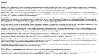 Expansions
Acquisitions
NatSteel in 2004: Tata Steel agreed to acquire the steel making operations of the Singapore-based NatSteel for $486.4 million in cash.[21] NatSteel had ended 2003 with turnover of $1.4 billion and a
profit before tax of $47 million.[21] The steel businesses of NatSteel would be run by the company through a wholly owned subsidiary called NatSteel Asia Pte Ltd.[21] The acquisition was completed in
February 2005.[22][23] At the time of acquisition, NatSteel had a capacity of about 2 million tonnes per annum of finished steel.[23][24]
Millennium Steel in 2005: Tata Steel acquired a majority stake in the Thailand-based steelmaker Millennium Steel for a total cost of $130 million. It paid US$73 million to Siam Cement for a 40% stake
and offered to pay 1.13 baht per share for another 25% of the shares of other shareholders.[25][26] Millennium Steel has now been renamed to Tata Steel Thailand and is headquartered in Bangkok.[27]
On 31 March 2013, it held approx. 68% shares in the acquired company.[6]
Corus in 2006: Tata Steel signed a deal with Anglo-Dutch company, Corus to buy 100% stake at £4.3 billion ($8.1 billion) at 455 pence per share. On 19 November 2006, the Brazilian steel company
Companhia Siderúrgica Nacional (CSN) launched a counteroffer for Corus at 475 pence per share, valuing it at £4.5 billion. On 11 December 2006, Tata pre-emptively upped its offer to 500 pence per
share, which was within hours trumped by CSN's offer of 515 pence per share, valuing the deal at £4.9 billion. The Corus board promptly recommended both the revised offers to its shareholders. On 31
January 2007, Tata Steel won their bid for Corus after offering 608 pence per share, valuing Corus at £6.7 billion ($12 billion).
In 2005, Corus employed around 47,300 people worldwide, including 24,000 in the UK. At the time of acquisition, Corus was four times larger than Tata Steel, in terms of annual steel production. Corus
was the world's 9th largest producer of Steel, whereas Tata Steel was at 56th position. The acquisition made Tata Steel world's 5th largest producer of Steel.
Tayo Rolls in 2008, formerly Tata-Yodogawa Limited is a metal fabrication and processing company headquartered in Jamshedpur, India. It was founded in 1968 as a joint venture between Tata Steel
and the Japan-based Yodogawa Steels. In 2008, the company made the rights issue which was subscribed for only about 50% of its total value – Rs 60-crore. Due to undersubscription, the promoters
acquired them, as result Tayo Rolls became a Tata Steel Subsidiary. Tata Steel owns 55.24% of the Tayo Rolls.[29][30]
Steel Engineering and Vinausteel in 2007: Tata Steel through its wholly owned Singapore subsidiary, NatSteel Asia Pte Ltd, acquired controlling stake in both rolling mill companies located in Vietnam:
Structure Steel Engineering Pte Ltd (100% stake) and Vinausteel Ltd (70% stake). The enterprise value for the acquisition was $41 million. With this acquisition, Tata Steel got hold of two rolling mills, a
250,000 tonnes per year bar/wire rod mill operated by SSE Steel Ltd. and a 180,000 tonnes per year reinforcing bar mill operated by Vinausteel Ltd.
Bhushan Steel in 2018: Tata Steel acquired the entire company in 2017–18, when Insolvency proceedings were initiated against the former company on 26 July 2017 under IBC. Tata steel emerged as
the highest bidder and took over the company through its wholly owned subsidiary Bamnipal Steel Ltd. The company was renamed as Tata Steel BSL. Later in 2021 Tata Steel amalgamated Bamnipal
Steel Ltd. and Tata Steel BSL thereby the latter became a direct subsidiary of Tata Steel (72.65%).
Nilachala Ispat Nigam Ltd in 2022: Tata Steel through its wholly owned subsidiary, Tata Steel Long Products (TSLP), acquired controlling stake in NINL. It beat Jindal Steel and JSW Steel to acquire
Odisha-based Neelachal Ispat Nigam Ltd (NINL) for ₹12,100 crore (US$1.5 billion).
Joint Ventures
In 2006, Tata Steel and BlueScope Steel launched Tata BlueScope Steel Ltd, a joint venture for the manufacturing pre-engineered steel products.
In 2014, Tata Steel launched Jamshedpur Continuous Annealing and Processing Company Pvt Ltd (JCAPCPL), a joint venture with Nippon Steel to produce continuous annealed products intended for
the automotive industry. The plant had a capacity of 600,000 tonnes and was setup with an investment of 2,750 Crores. Tata Steel held 51% of the joint venture.
 