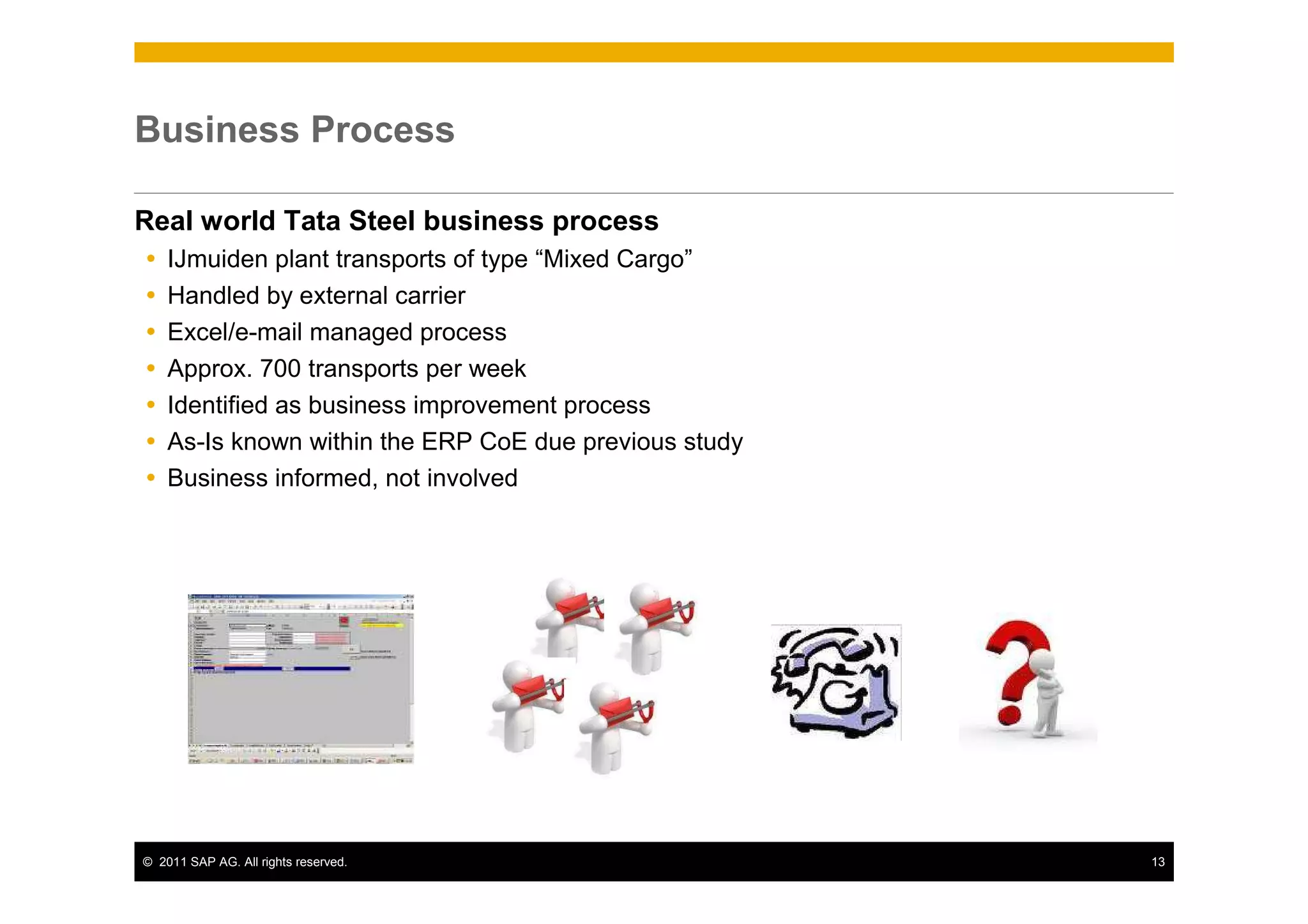Business Process

Real world Tata Steel business process
    IJmuiden plant transports of type “Mixed Cargo”
    Handled by external carrier
    Excel/e-mail managed process
    Approx. 700 transports per week
    Identified as business improvement process
    As-Is known within the ERP CoE due previous study
    Business informed, not involved




© 2011 SAP AG. All rights reserved.                     13
 