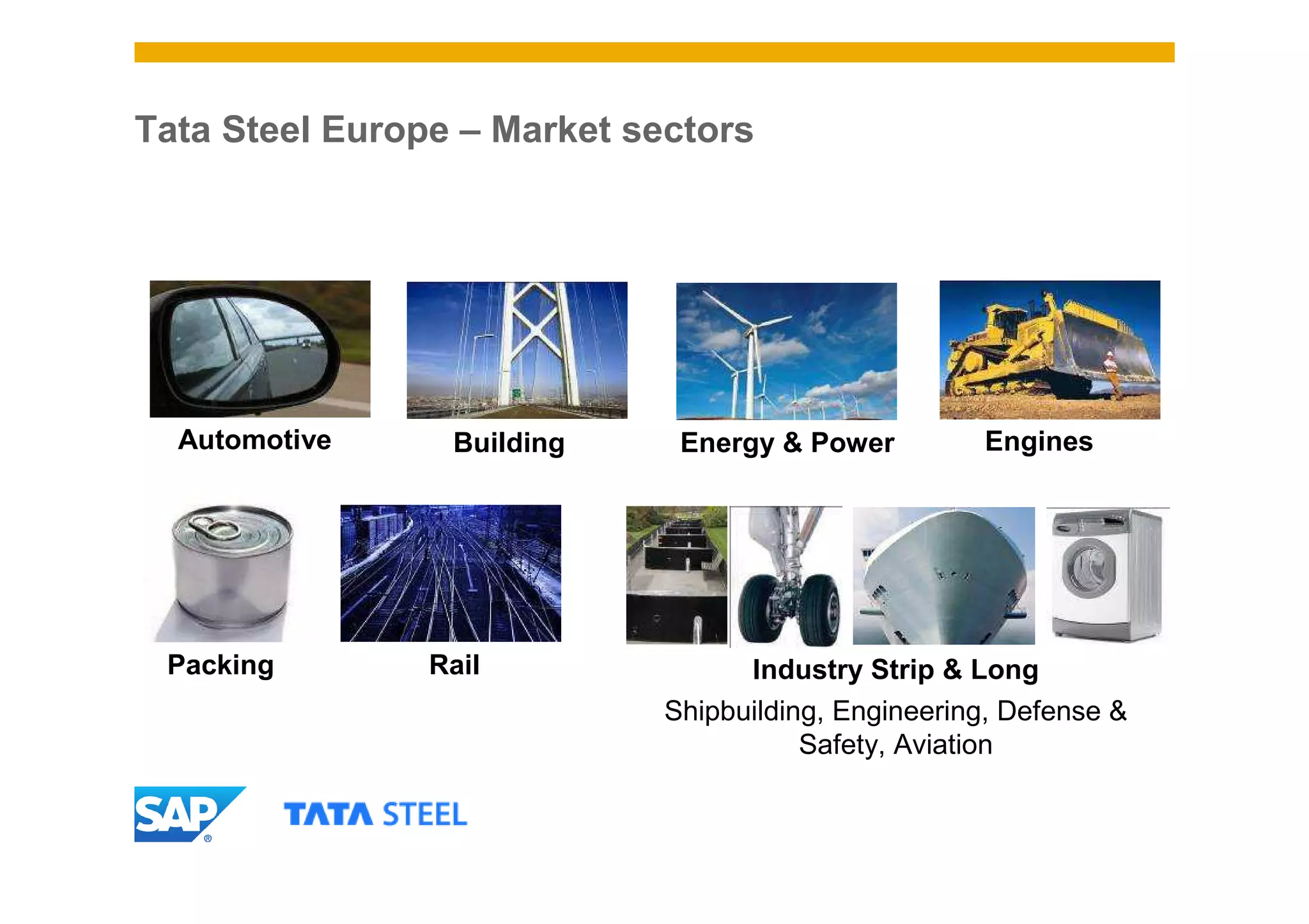 Tata Steel Europe – Market sectors




  Automotive     Building     Energy & Power         Engines




 Packing        Rail               Industry Strip & Long
                             Shipbuilding, Engineering, Defense &
                                        Safety, Aviation
 