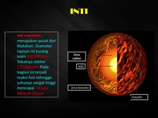 INTI
Zona
radiasi
Zona Konveksi
Fotosfer
Inti
Inti matahari
merupakan pusat dari
Matahari. Diameter
lapisan ini kurang
lebih 500.000 km.
Tebalnya sekitar
175.000 km. Pada
bagian ini terjadi
reaksi fusi sehingga
suhunya sangat tinggi
mencapai 15 juta
derajad Celcius
 